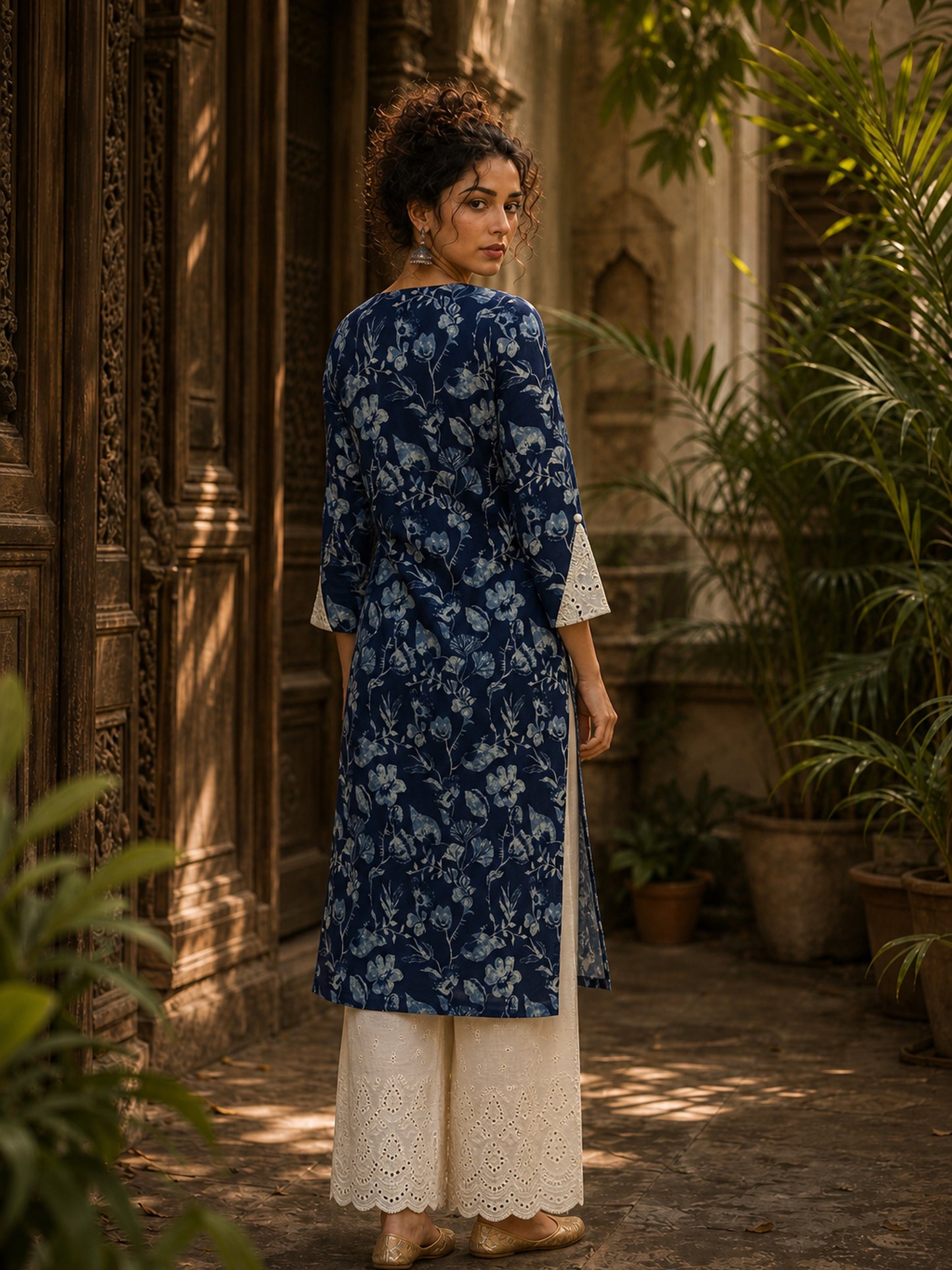 Bold Navy Blue Floral Print Kurta with Ivory Hakoba Cuffs & Pearl Embellished Placket