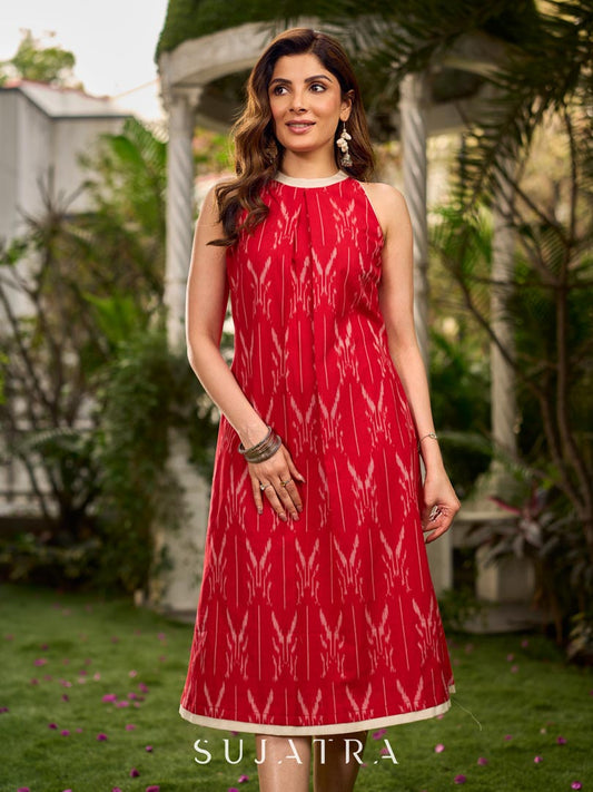 Statement red Ikat halter-neck dress accented in white, designed with a box pleat at the neckline for fluid drape.