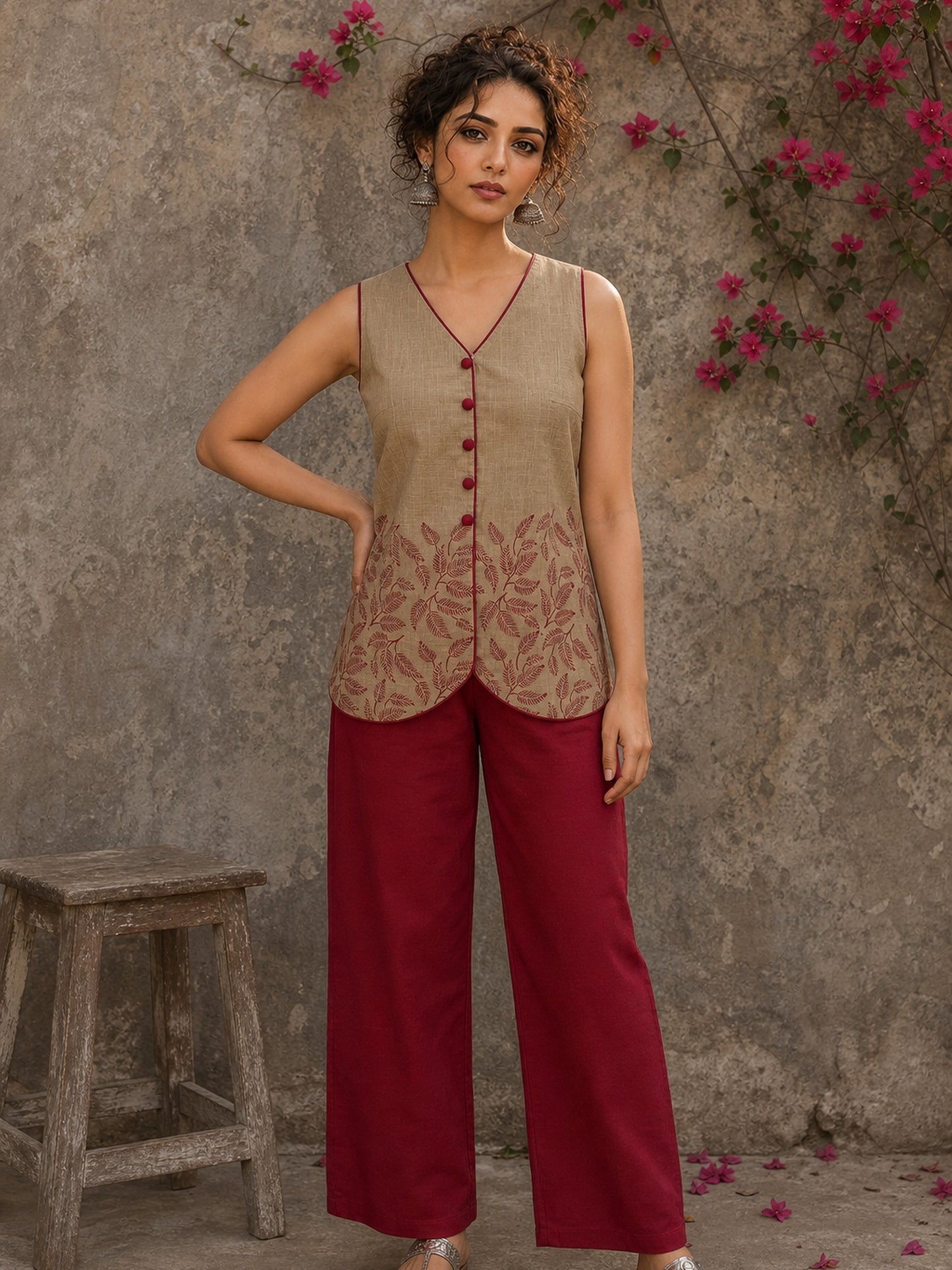 Sophisticated beige waist coat top showcasing refined leaf block print motifs, a polished button-down front, and elegant red piping for artisanal style.