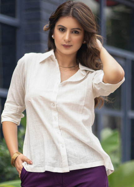 Basic Cream Cotton Office Wear Shirt with Wooden Buttons