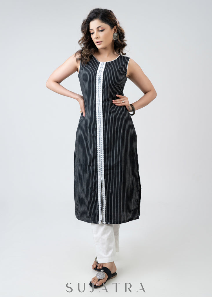 Simple Smart Black Ikat Sleeveless Kurta With Laces - Pant Optional