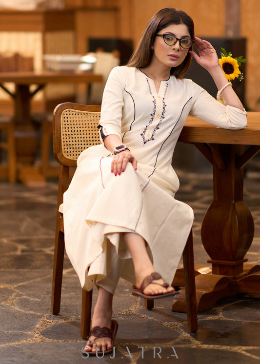 Classy Off-white hand painted cotton kurta Pant optional