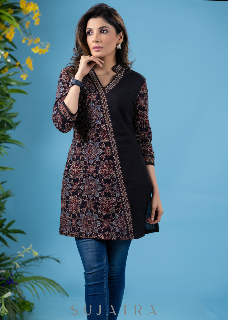 Elegant black cotton ajrakh combination tunic