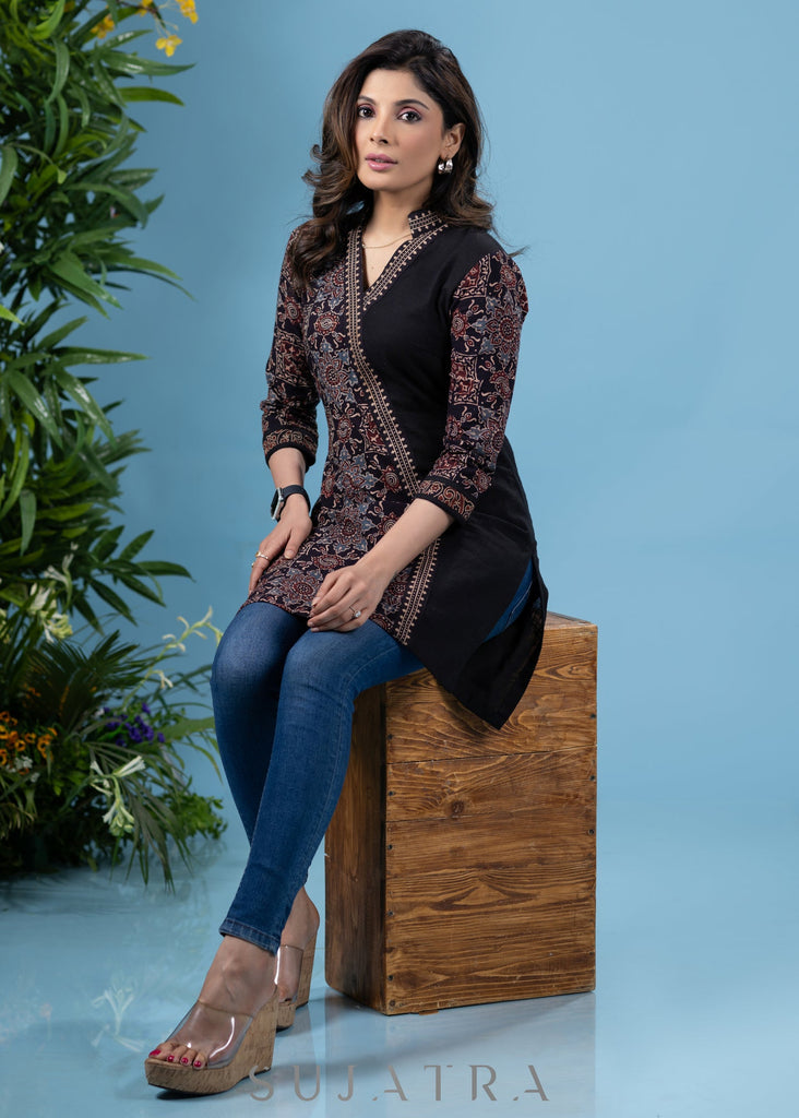 Elegant black cotton ajrakh combination tunic