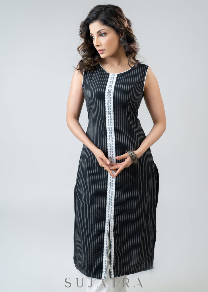 Simple Smart Black Ikat Sleeveless Kurta With Laces - Pant Optional