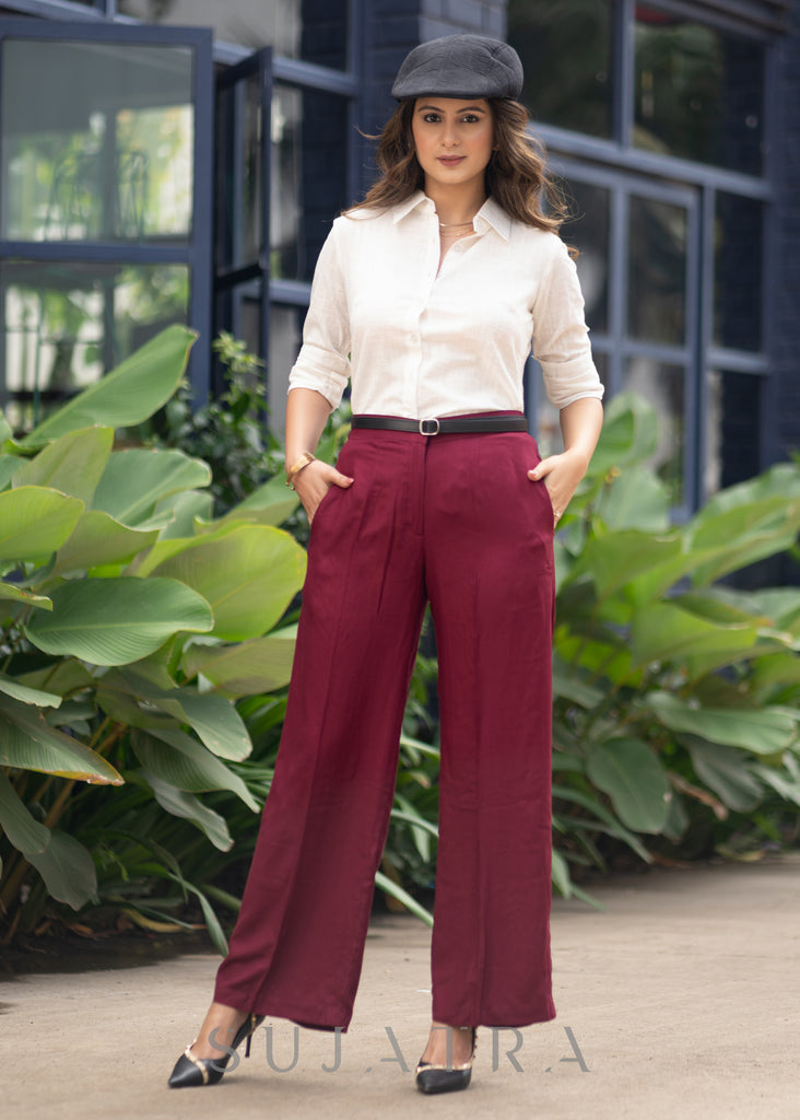 Classy Wine Rayon Straight Fit Pant White Cotton Shirt Optional