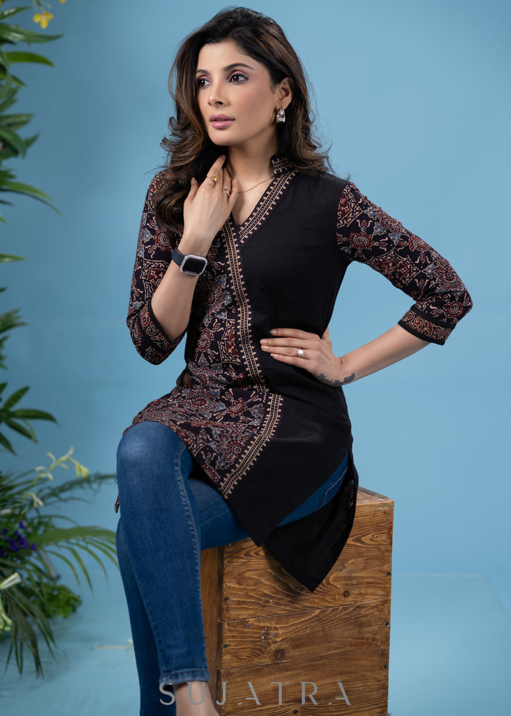 Elegant black cotton ajrakh combination tunic