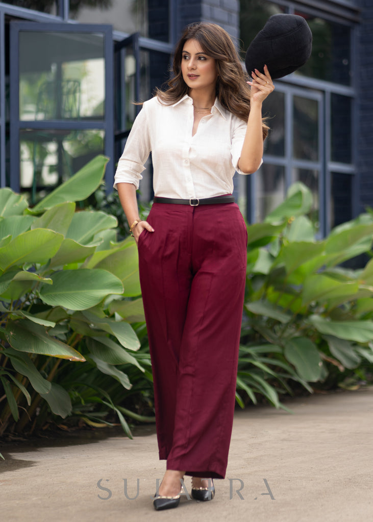 Classy Wine Rayon Straight Fit Pant White Cotton Shirt Optional