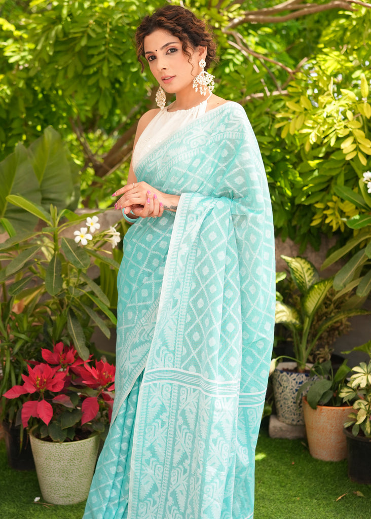 Comfortable Turquoise Cotton Jamdani Saree