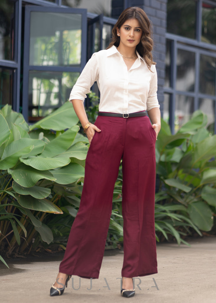 Classy Wine Rayon Straight Fit Pant White Cotton Shirt Optional