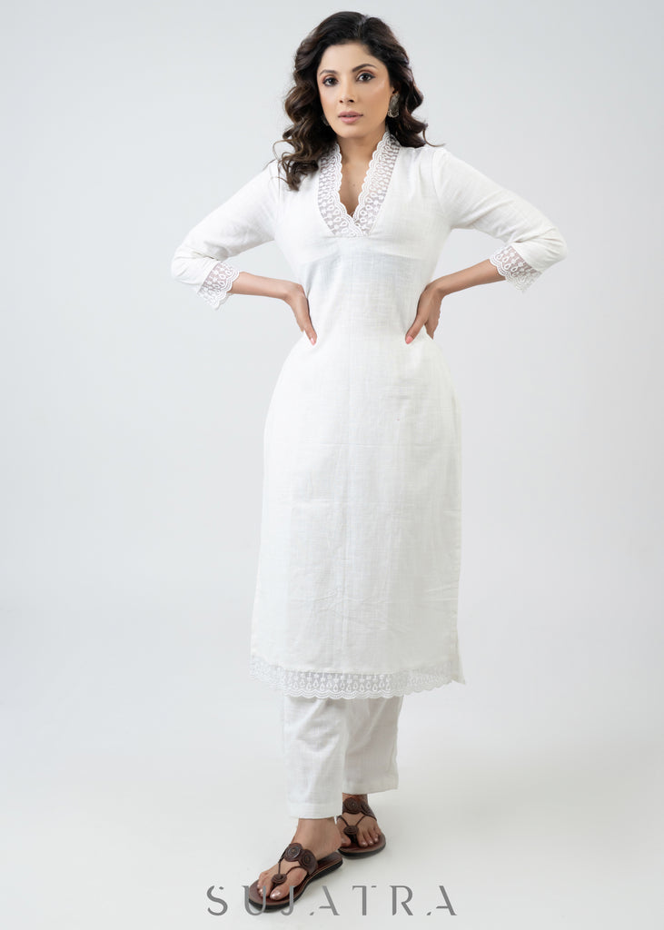 Trendy White Cotton Kurta With Delicate Laces - Pant Optional