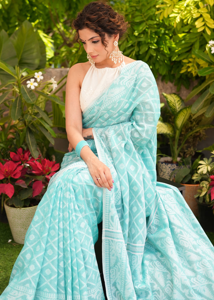 Comfortable Turquoise Cotton Jamdani Saree