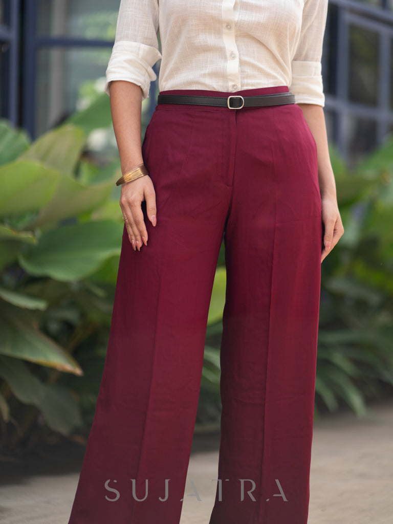 Classy Wine Rayon Straight Fit Pant White Cotton Shirt Optional