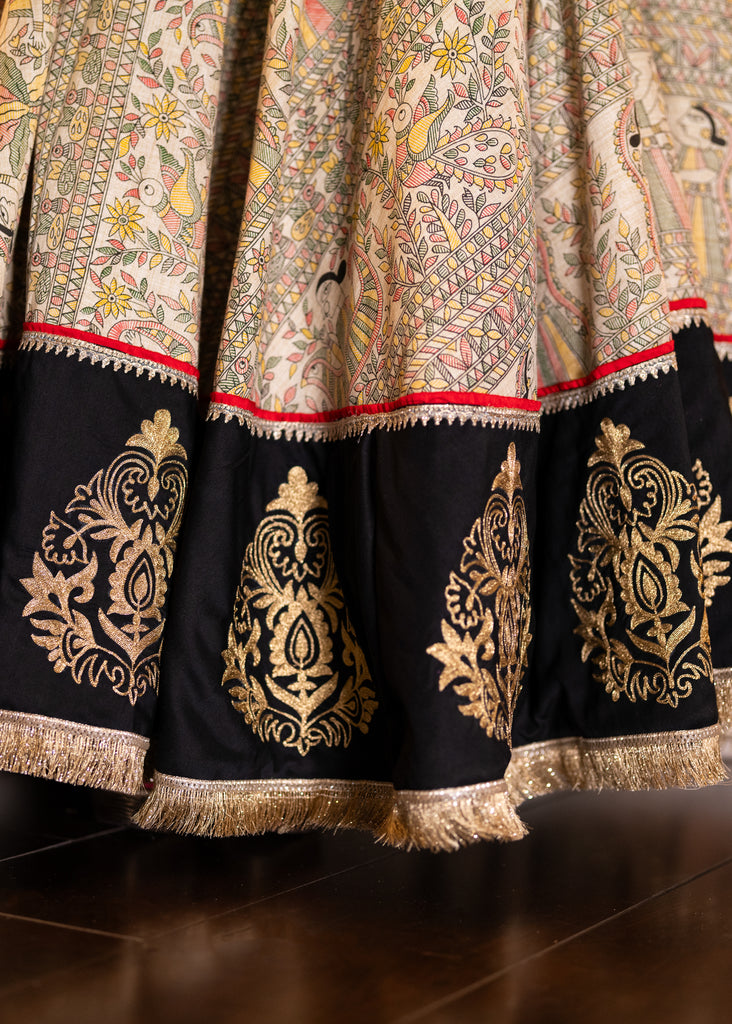 Exclusive Madhubani printed embroidered Lehenga with cotton silk dupatta