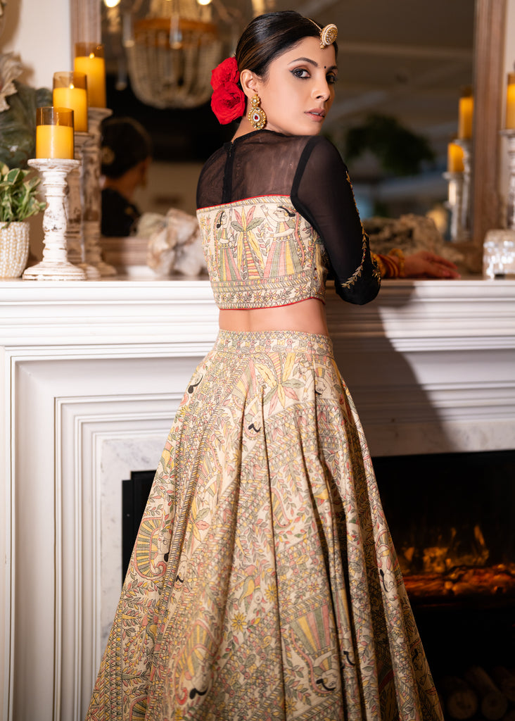 Exclusive Madhubani printed embroidered Lehenga with cotton silk dupatta