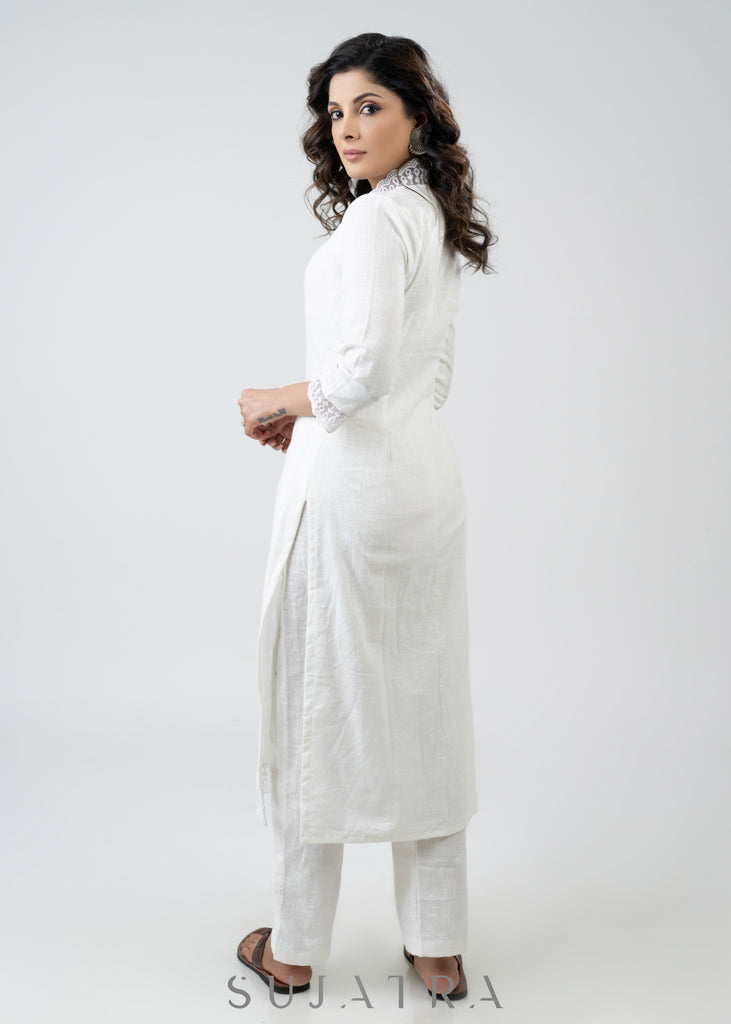 Trendy White Cotton Kurta With Delicate Laces - Pant Optional