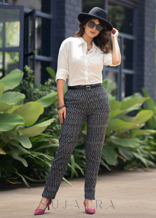 Stylish Black Ikat Narrow Fit Pant White Cotton Shirt Optional