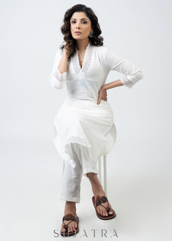 Trendy White Cotton Kurta With Delicate Laces - Pant Optional