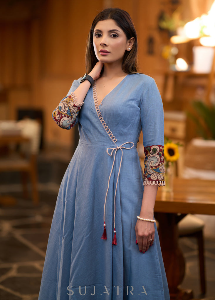 Elegant Powder blue cotton kurta with kalamkari detaling Pant optional