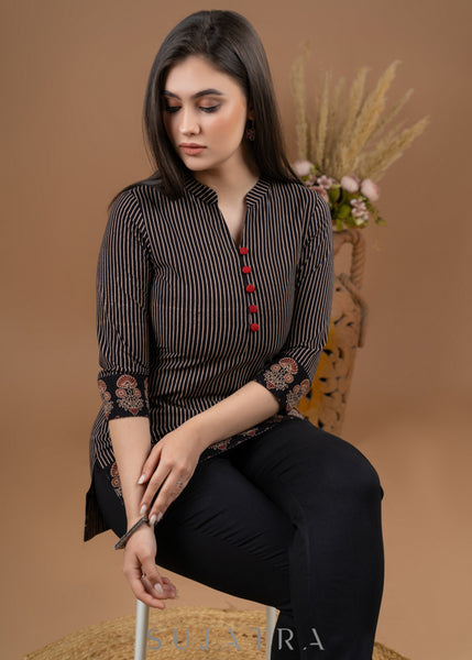 Black cotton Ajrakh combination top