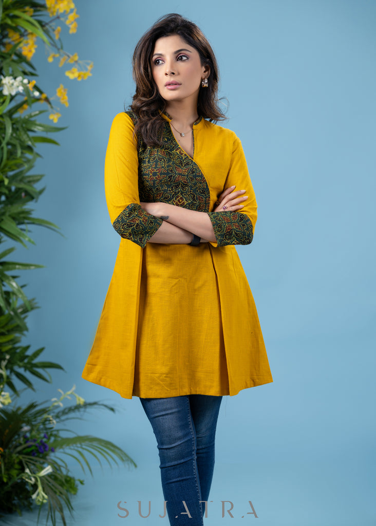 Exclusive mustard cotton tunic with contrast ajrakh combination