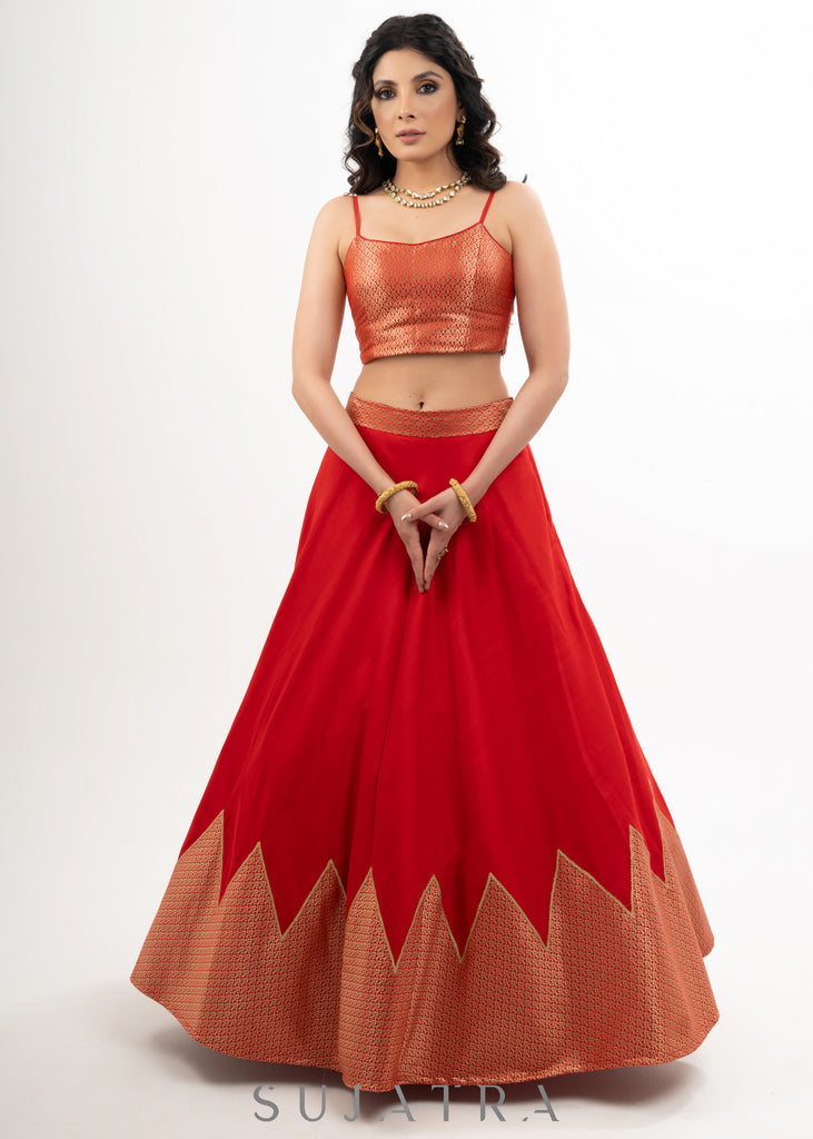 Stylish Red Cotton Silk Lehenga with Brocade Inner & Jacket with Net Dupatta