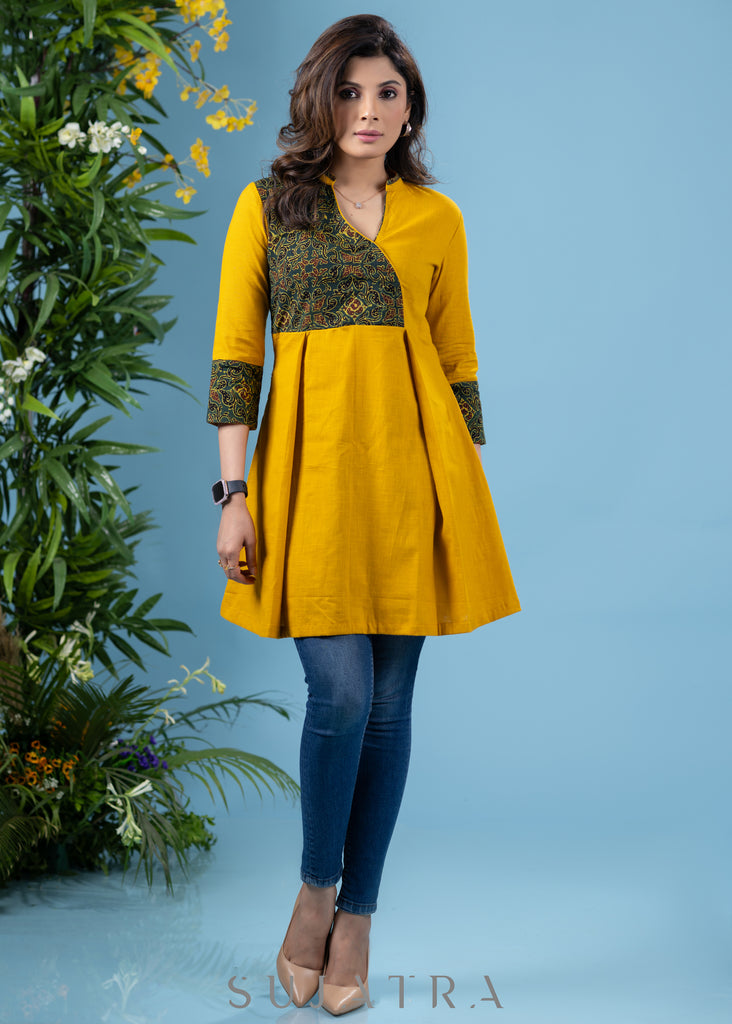 Exclusive mustard cotton tunic with contrast ajrakh combination