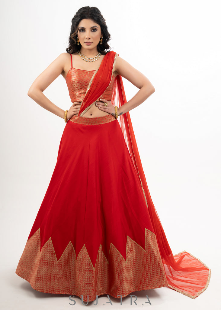 Stylish Red Cotton Silk Lehenga with Brocade Inner & Jacket with Net Dupatta