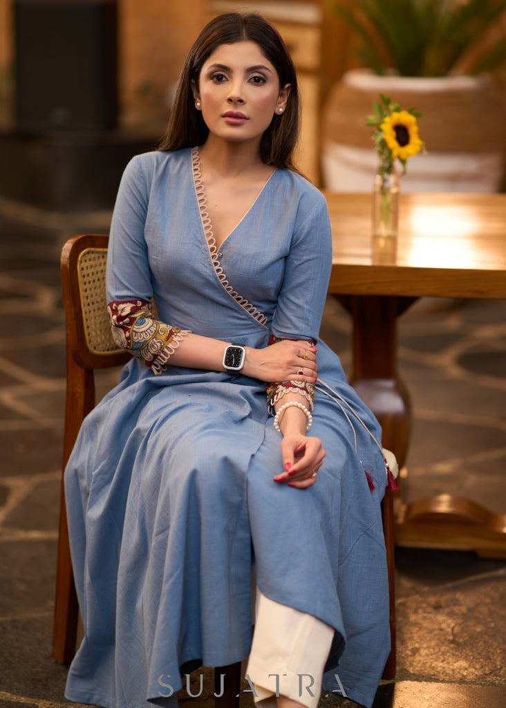 Elegant Powder blue cotton kurta with kalamkari detaling Pant optional