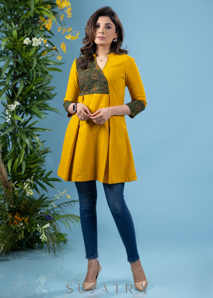 Exclusive mustard cotton tunic with contrast ajrakh combination