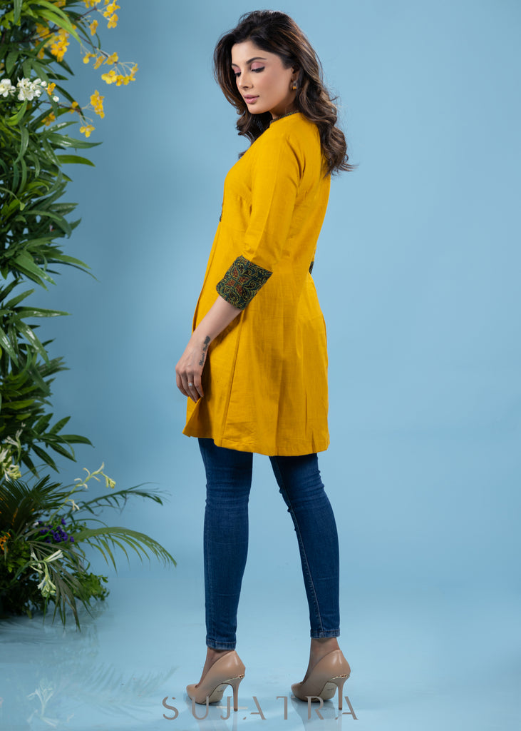 Exclusive mustard cotton tunic with contrast ajrakh combination