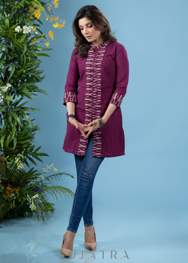Classy wine cotton tunic with matching ikat combination