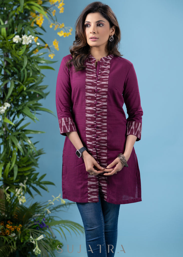 Classy wine cotton tunic with matching ikat combination