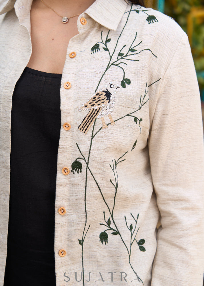 Exclusive textured cotton Light beige one-sided embroidery shirt - Skirt Optional