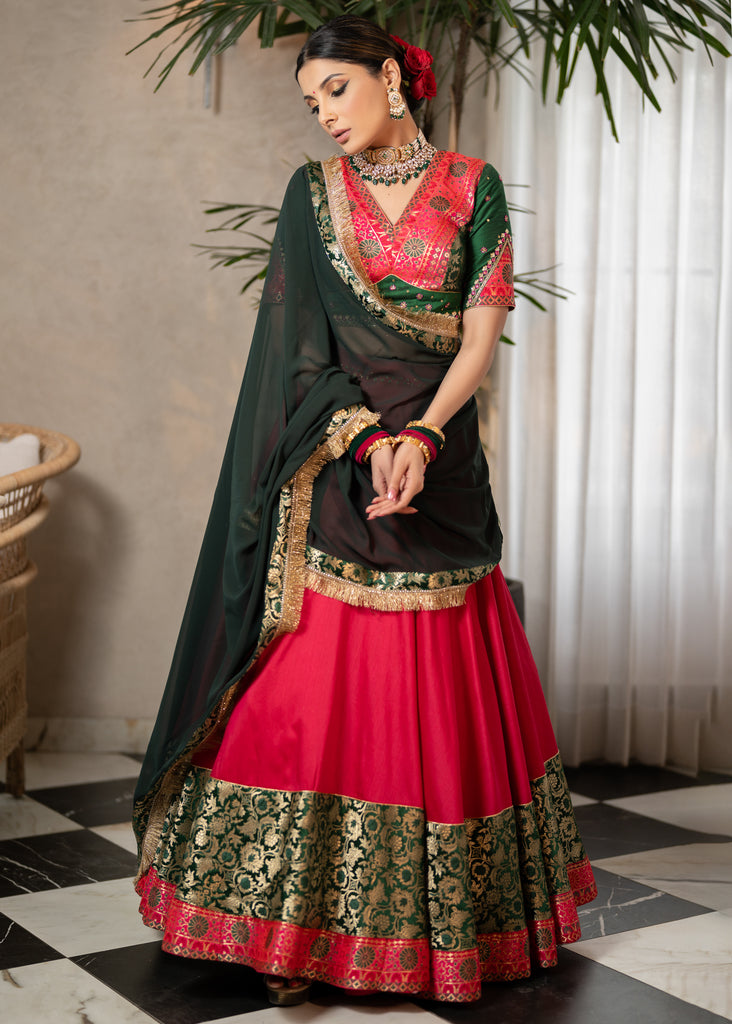 Beautiful magenta pink cotton silk lehenga with floral banarasi patchwork and embroidered blouse paired with georgette dupatta.