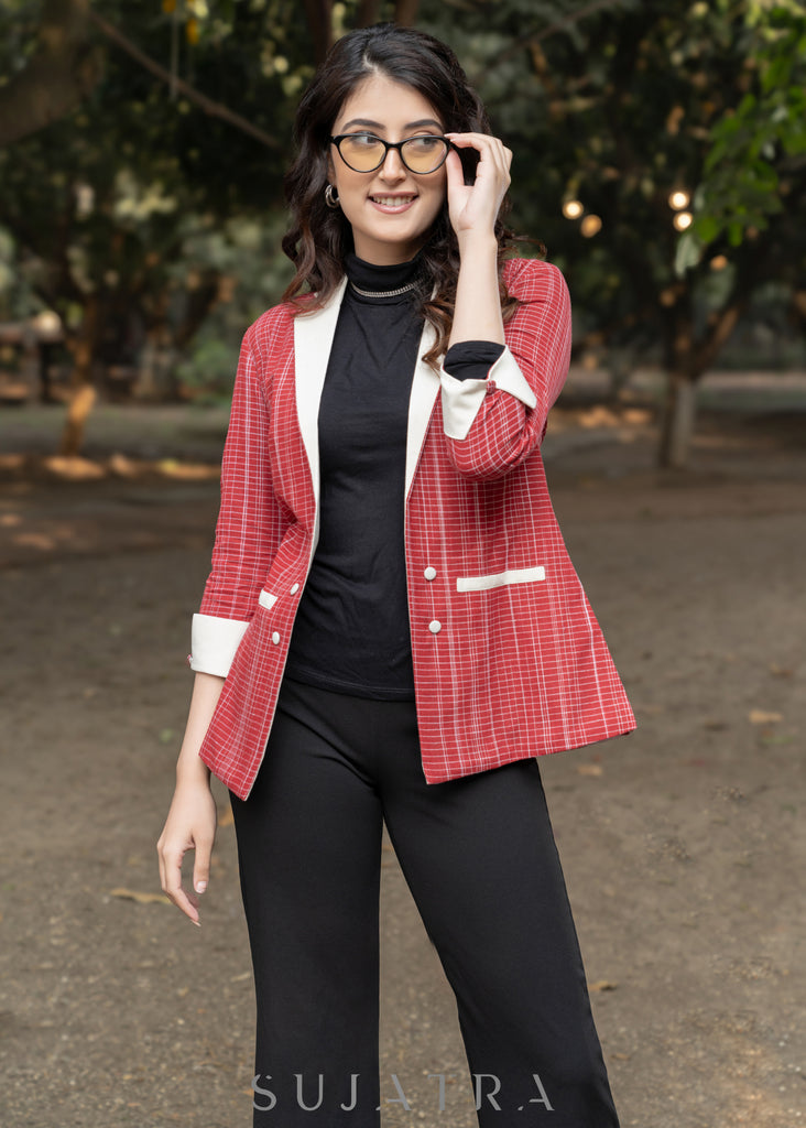 Standout Red striped cotton formal blazer with optional pant