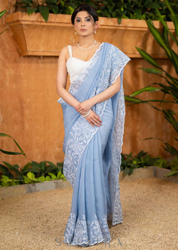 Elegant Powder Blue Organza Saree Highlighted With Overall Intricate Floral Embroidery