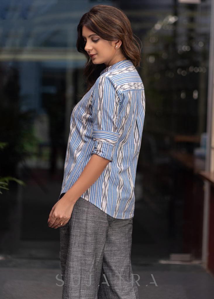 Smart Blue ikat Cotton Mandarina Collared Shirt with Wooden Buttons