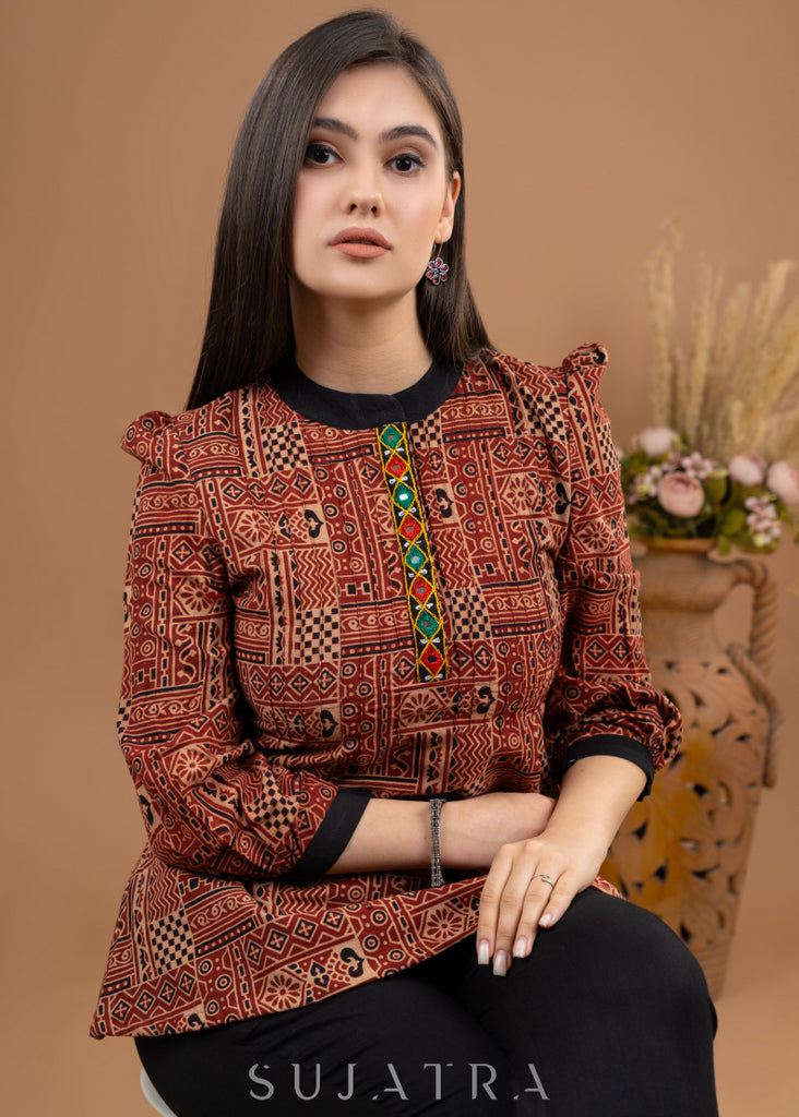 Maroon cotton Ajrakh top with kutch embroidered placket