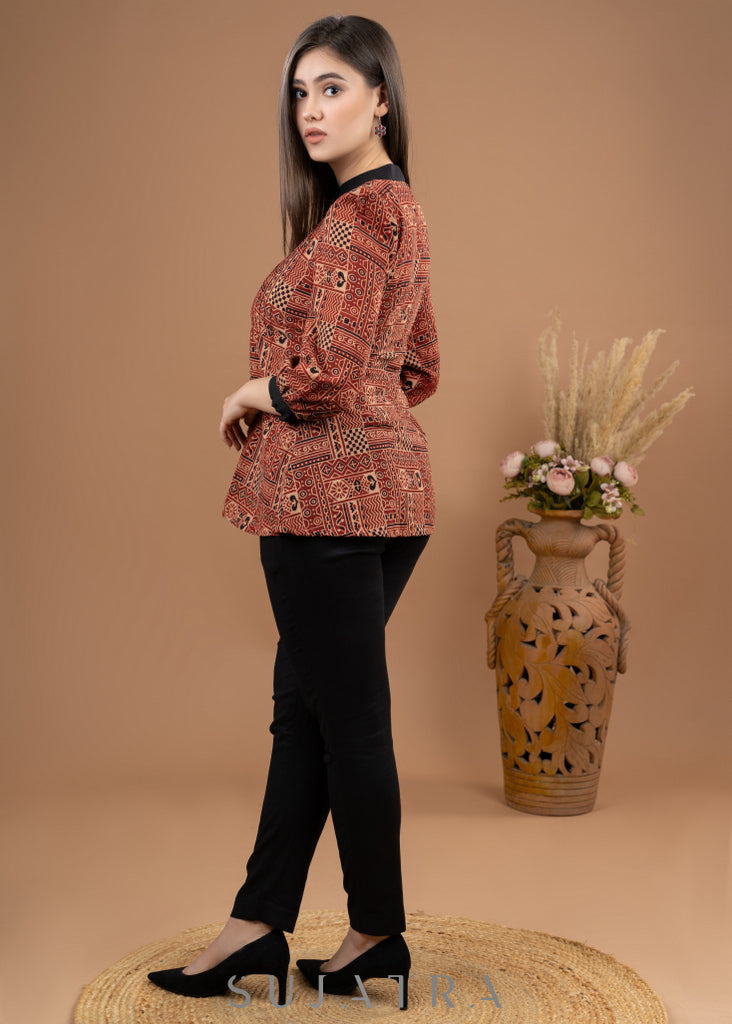 Maroon cotton Ajrakh top with kutch embroidered placket