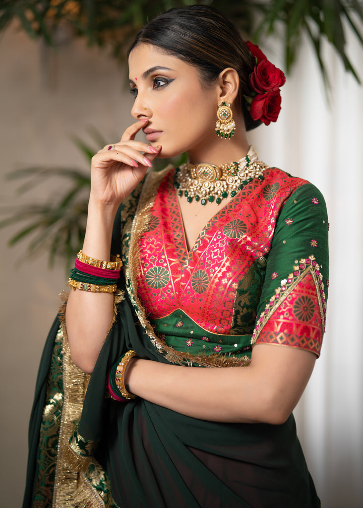 Beautiful magenta pink cotton silk lehenga with floral banarasi patchwork and embroidered blouse paired with georgette dupatta.