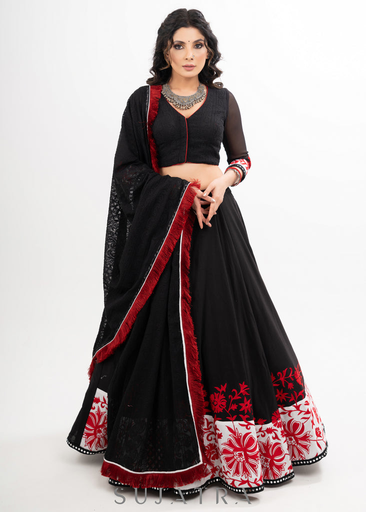 Exclusive Black Cotton Silk Lehenga with Red Delicate Embroidery combined with Embroidered Georgette Blouse & Dupatta