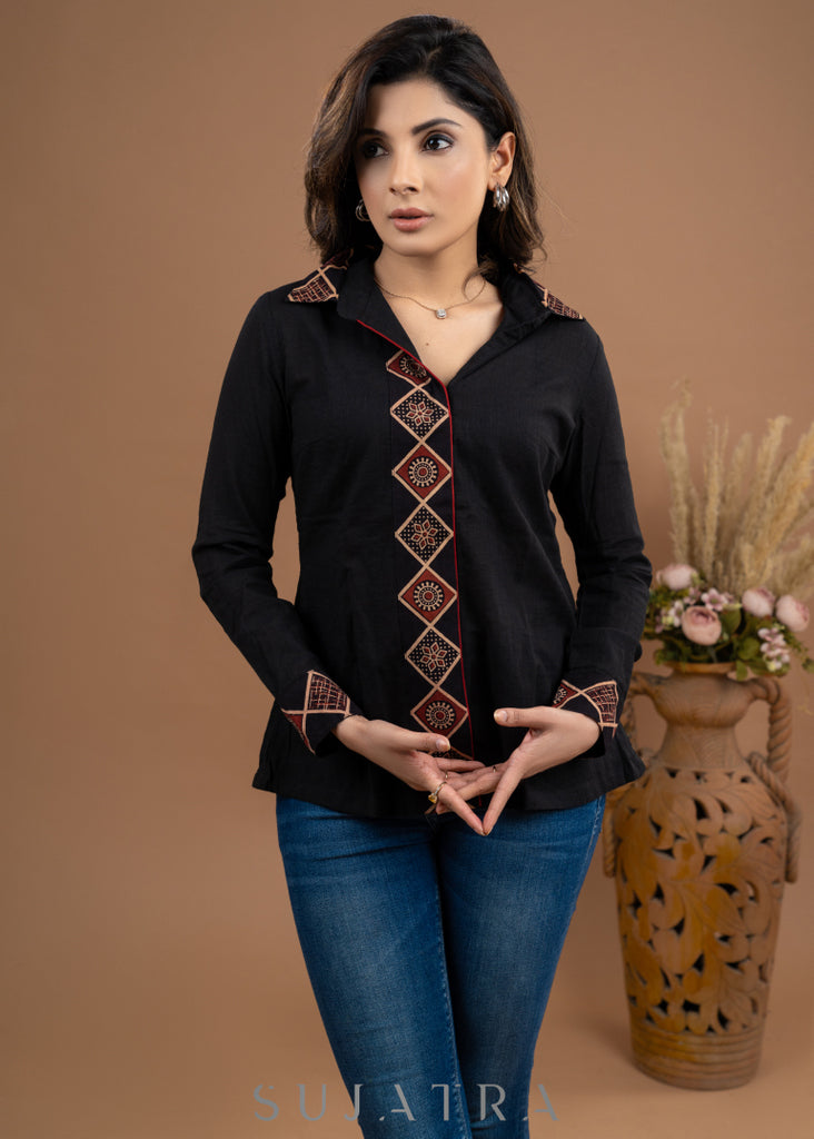 Exclusive black cotton combination shirt with borders