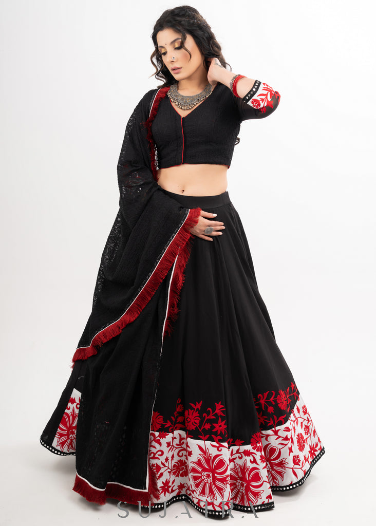 Exclusive Black Cotton Silk Lehenga with Red Delicate Embroidery combined with Embroidered Georgette Blouse & Dupatta