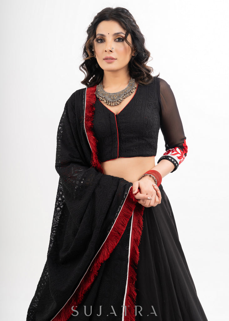 Exclusive Black Cotton Silk Lehenga with Red Delicate Embroidery combined with Embroidered Georgette Blouse & Dupatta