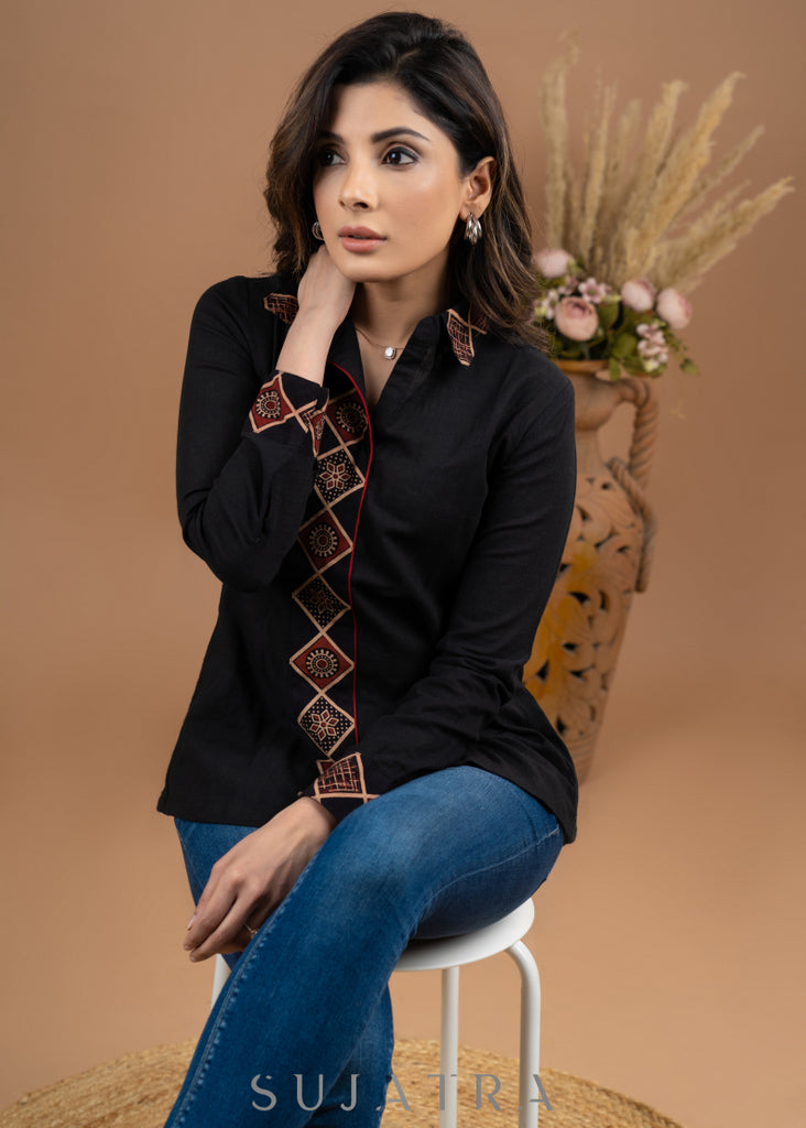 Exclusive black cotton combination shirt with borders