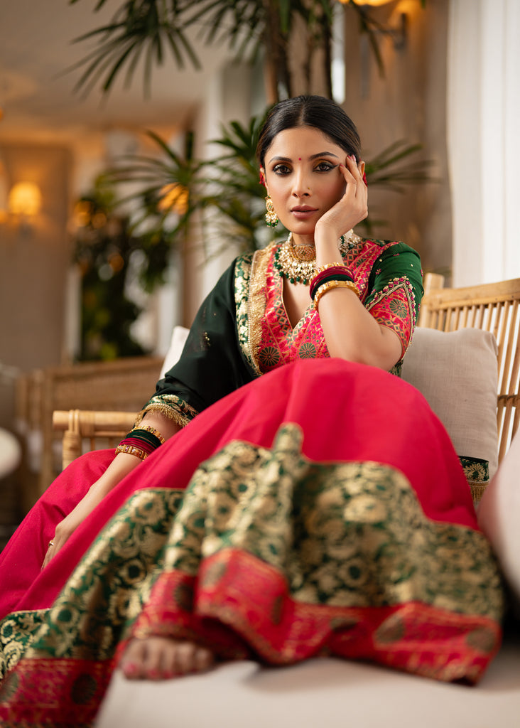 Beautiful magenta pink cotton silk lehenga with floral banarasi patchwork and embroidered blouse paired with georgette dupatta.