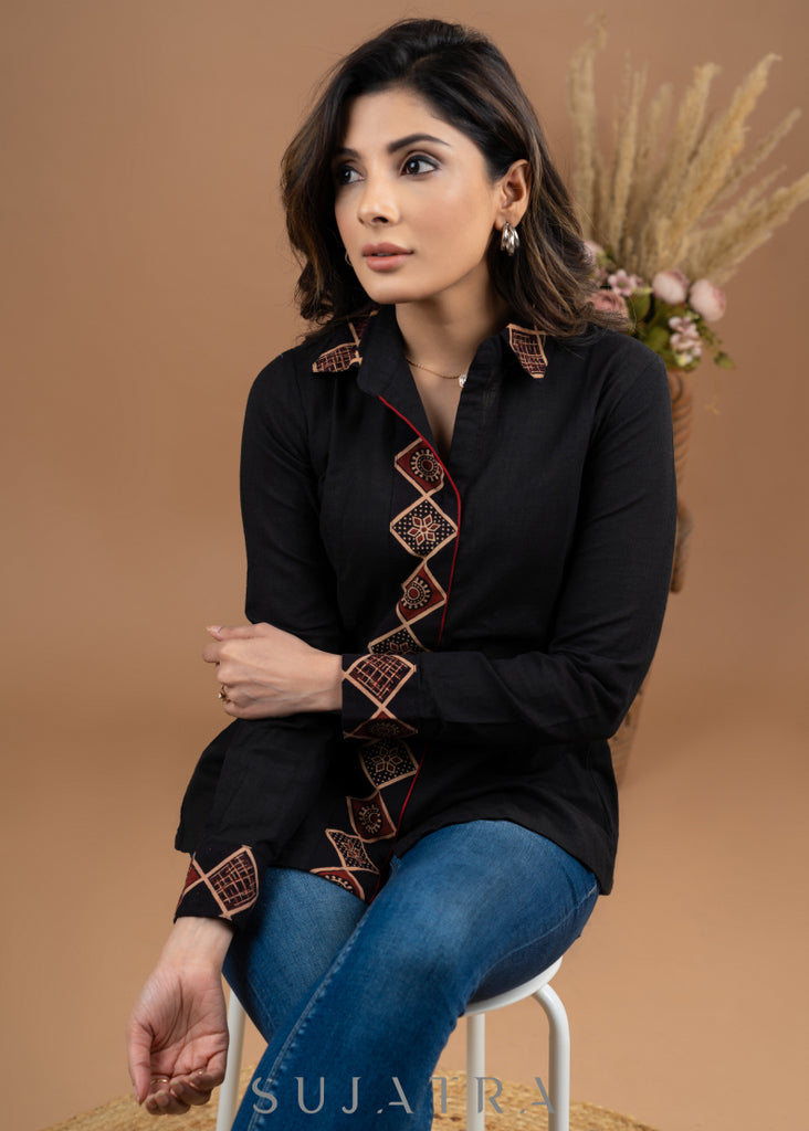 Exclusive black cotton combination shirt with borders