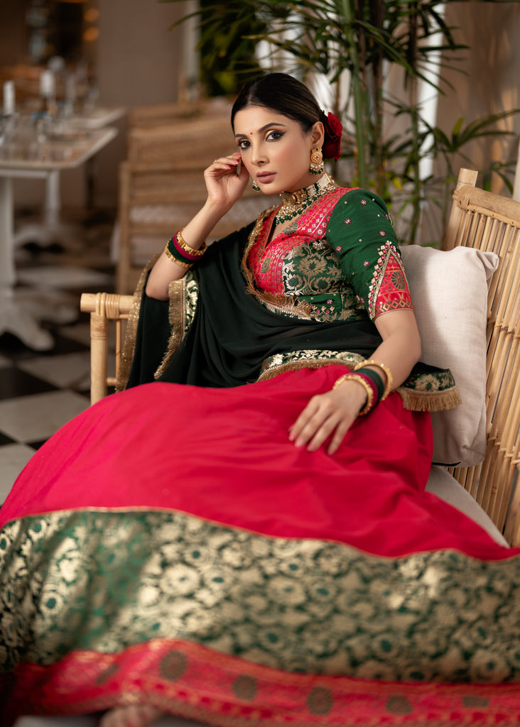 Beautiful magenta pink cotton silk lehenga with floral banarasi patchwork and embroidered blouse paired with georgette dupatta.