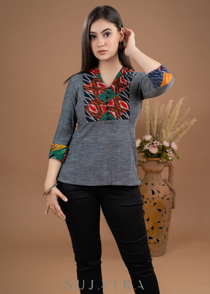 Grey cotton Handloom patch work top